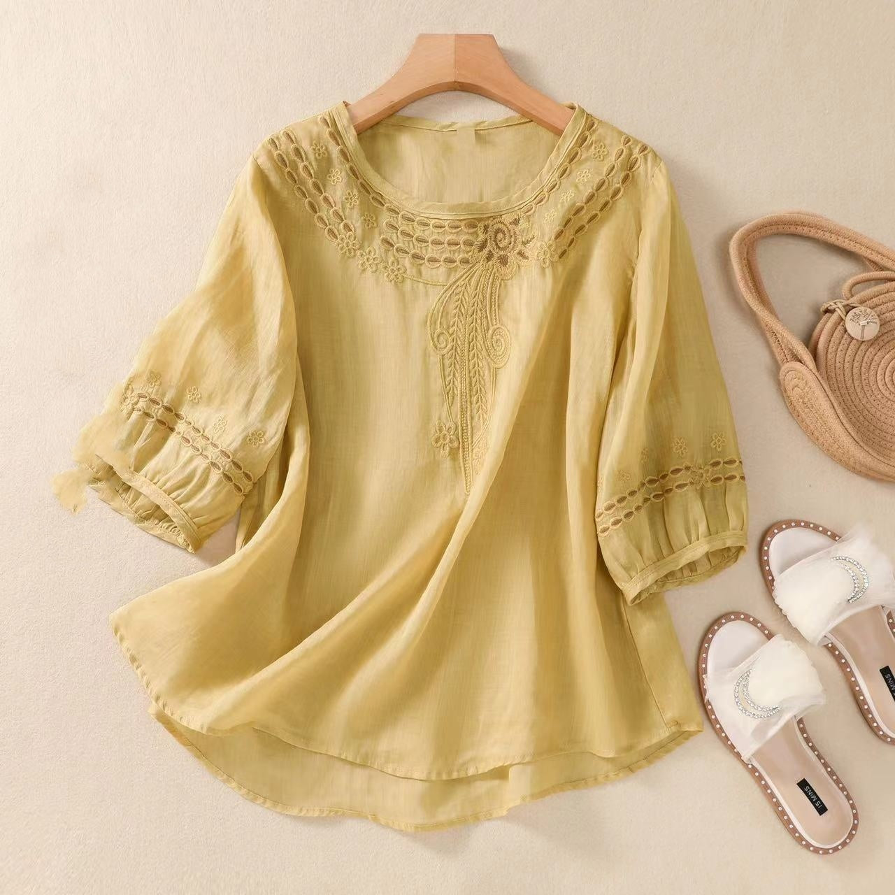 Vintage Cotton Linen Shirt – Boho Romantic Summer Style | same ANTHEM - Yellow / 3XL - Bag