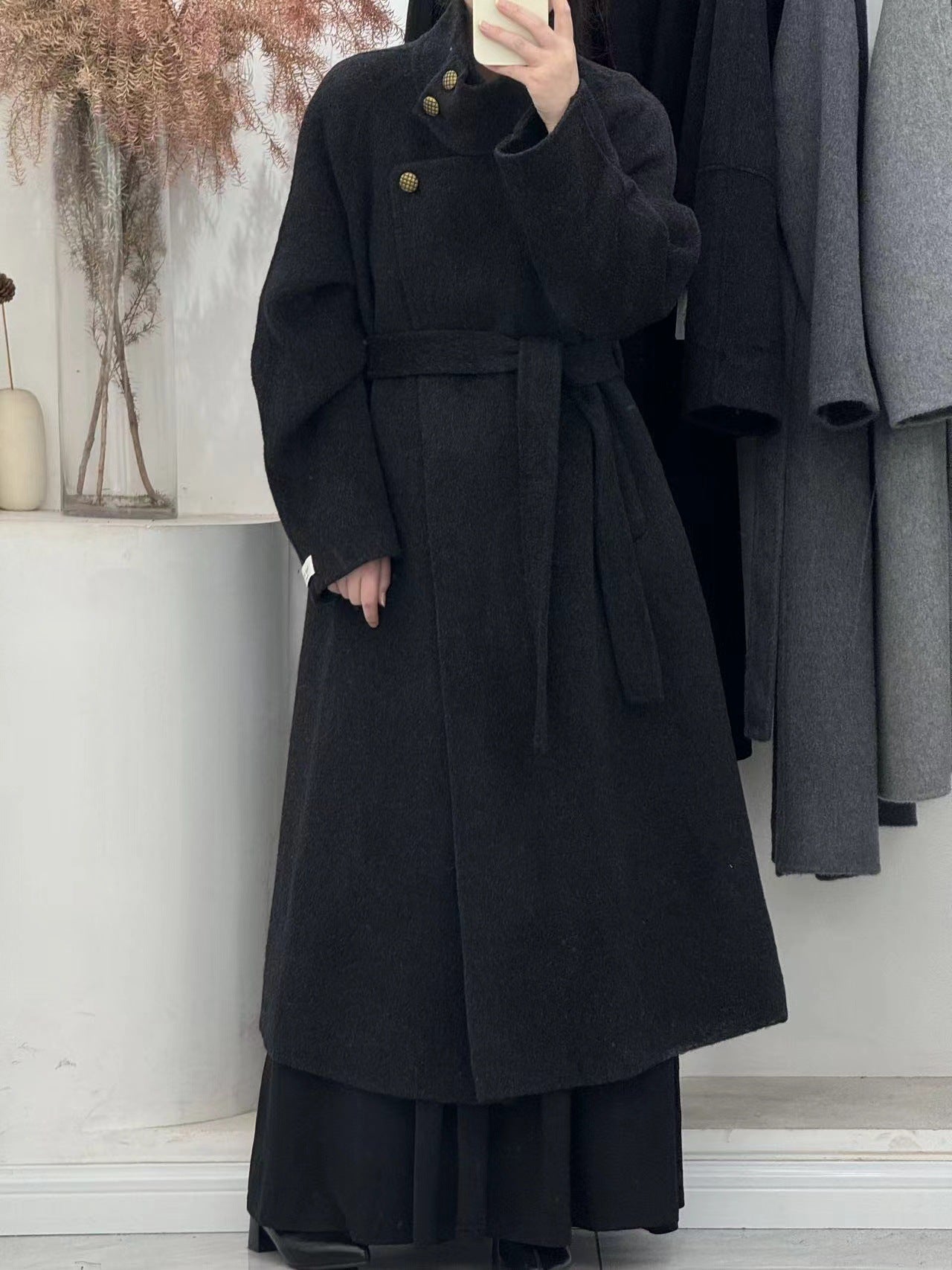 Vintage Double-Sided Wool Coat | Stand Up Collar & Tall Tie-Up | soulmate wear | same ANTHEM - Charcoal black / S