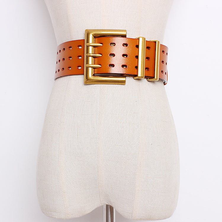 Vintage Leather Belt – Wide Waistband with Metal Buckle | same ANTHEM. - BlackA
