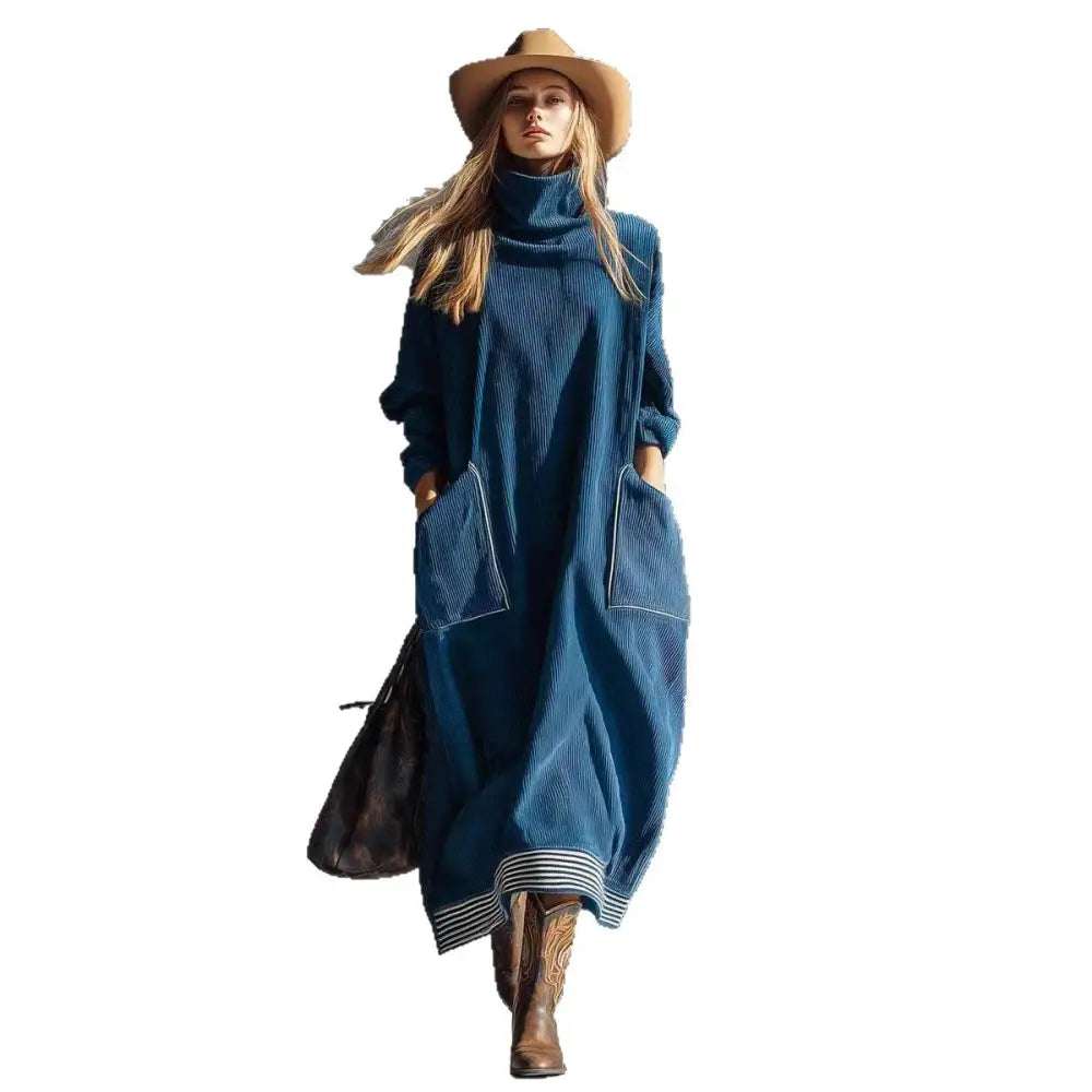 Euro-American High-neck Patchwork Vintage Loose-fit Long-sleeve Dress With Pockets - Dress