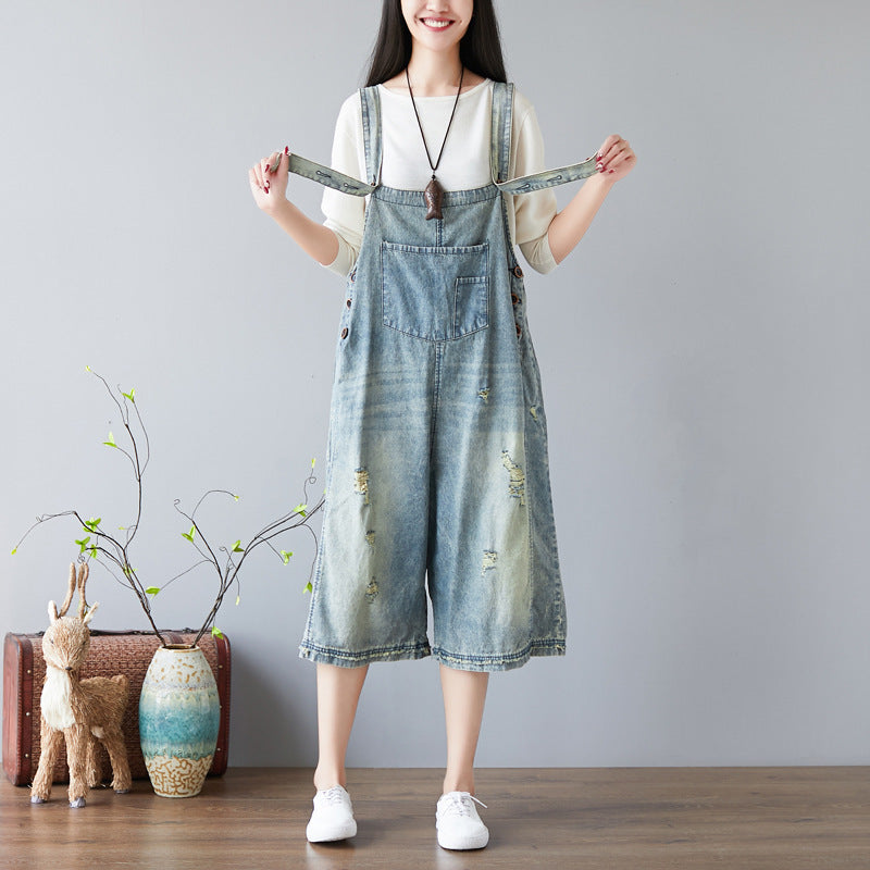 Washed Retro Wide-Leg Ripped Jeans Overalls – Soulmate Streetwear | same ANTHEM. - light blue / one size
