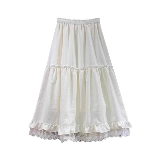 White Lace Splicing Hem Skirt | Flared Elastic Waist Skirt | same ANTHEM. - White (with lining) / S