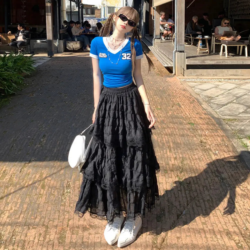 White Lace Tiered Skirt | same ANTHEM. - Black / XS