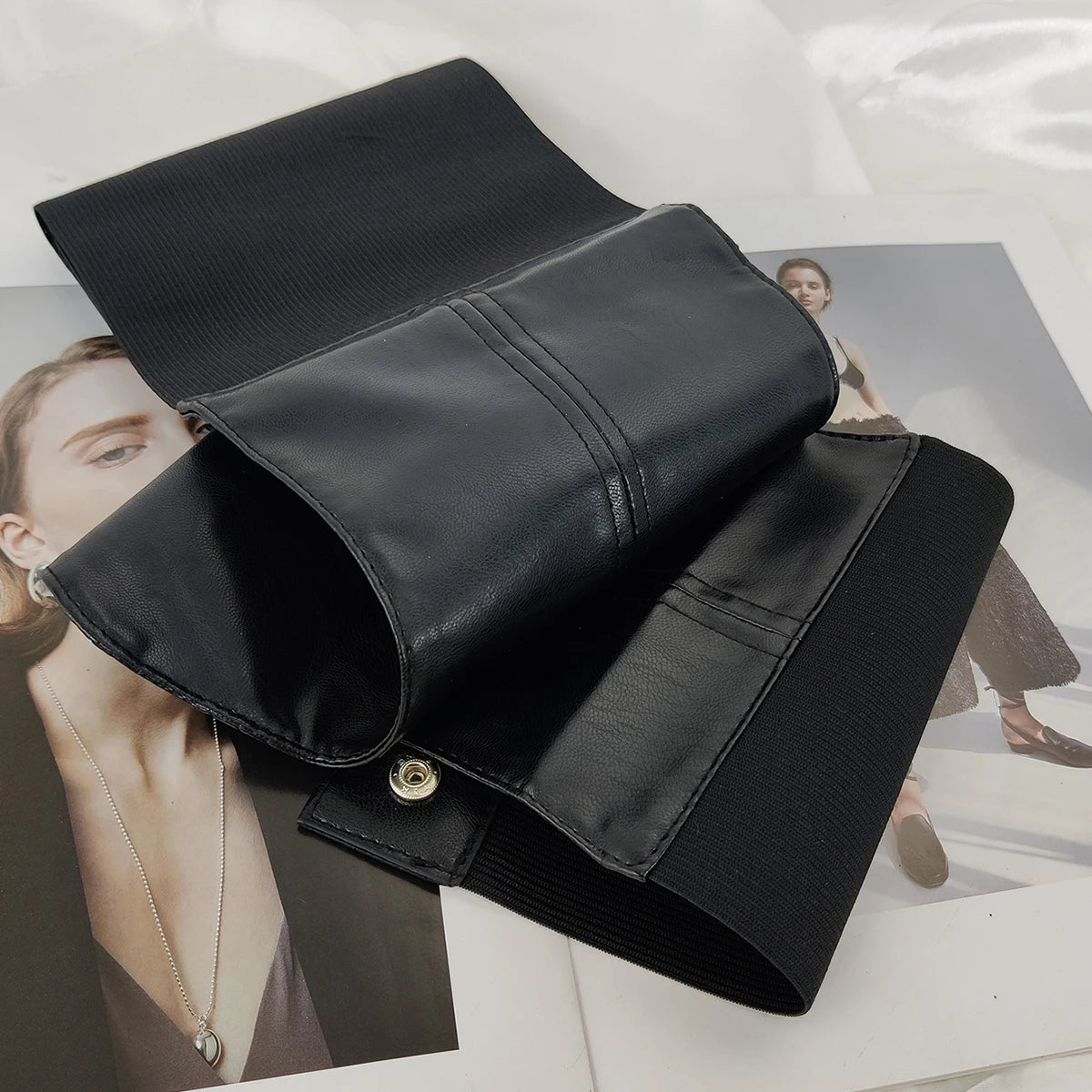 Wide Black Leather Corset Belt | Designer Stretch Cummerbund | same ANTHEM. - black corset / 74cm