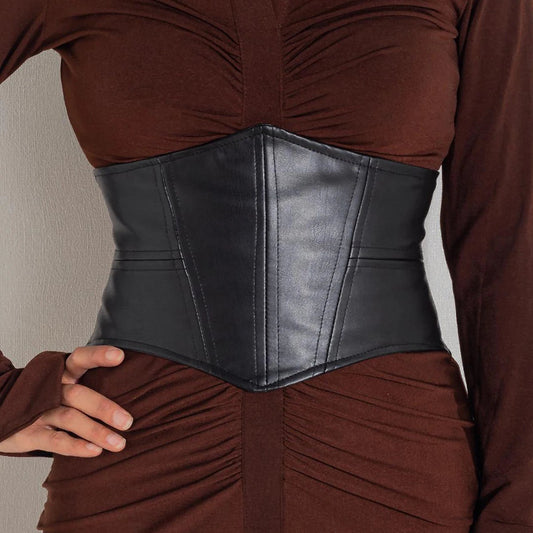 Wide Black Leather Corset Belt | Designer Stretch Cummerbund | same ANTHEM. - black corset / 74cm