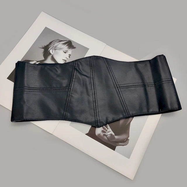 Wide Black Leather Corset Belt | Designer Stretch Cummerbund | same ANTHEM. - black corset / 74cm