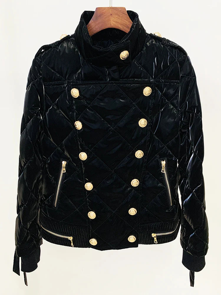 Black quilted jacket with gold buttons and zippers on a white background