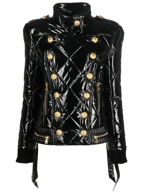 Black quilted jacket with gold buttons on a white background
