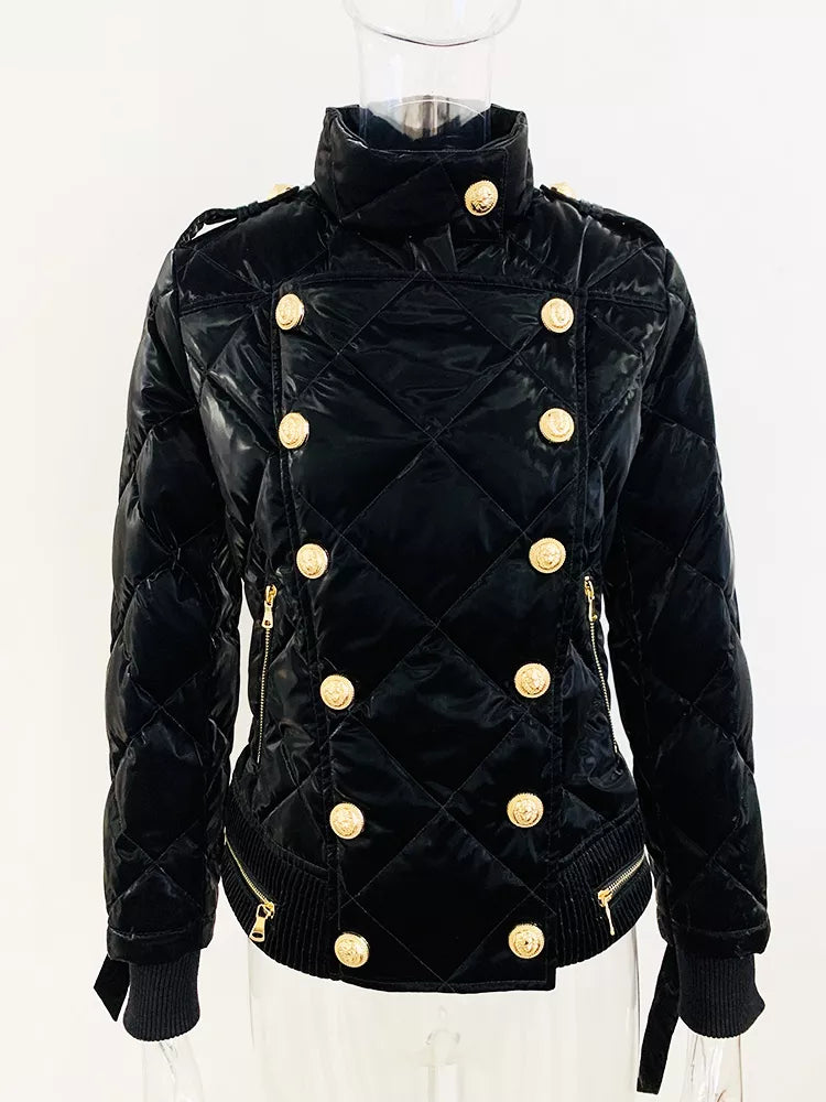 Black quilted jacket with gold buttons on a mannequin against a white background