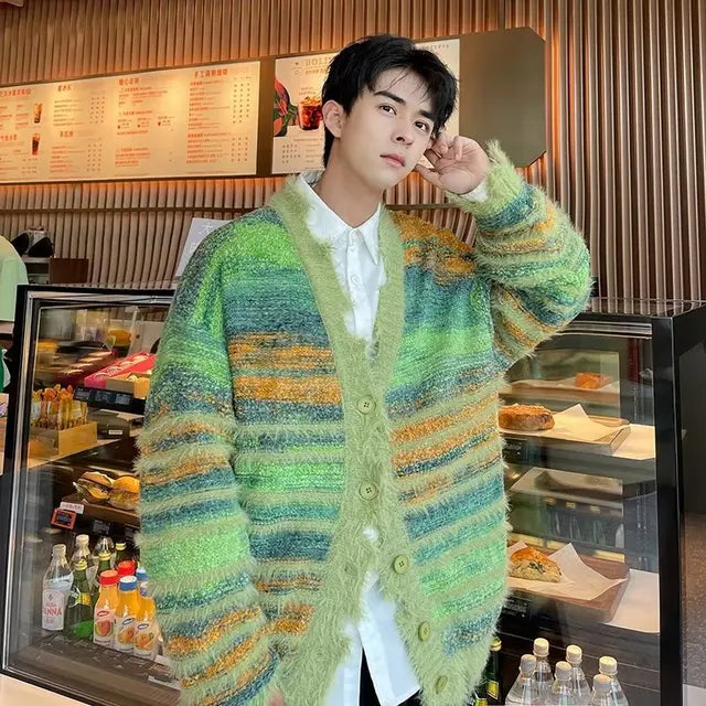 Winter Stripe Cardigan – Loose Knit Streetwear for Men | same ANTHEM - Green / M