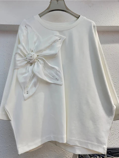 Women’s Loose Big Flower Design Top – same ANTHEM | Dreamy Romantic French Chic for Soulmates - White / One Size