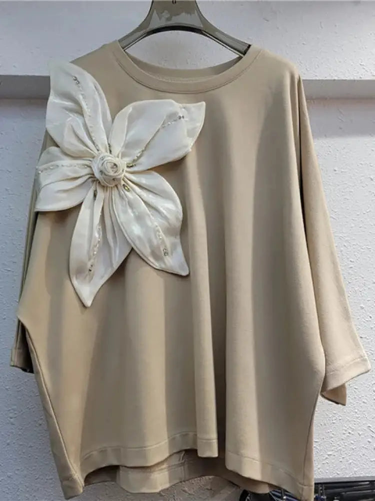 Women’s Loose Big Flower Design Top – same ANTHEM | Dreamy Romantic French Chic for Soulmates - Apricot / One Size