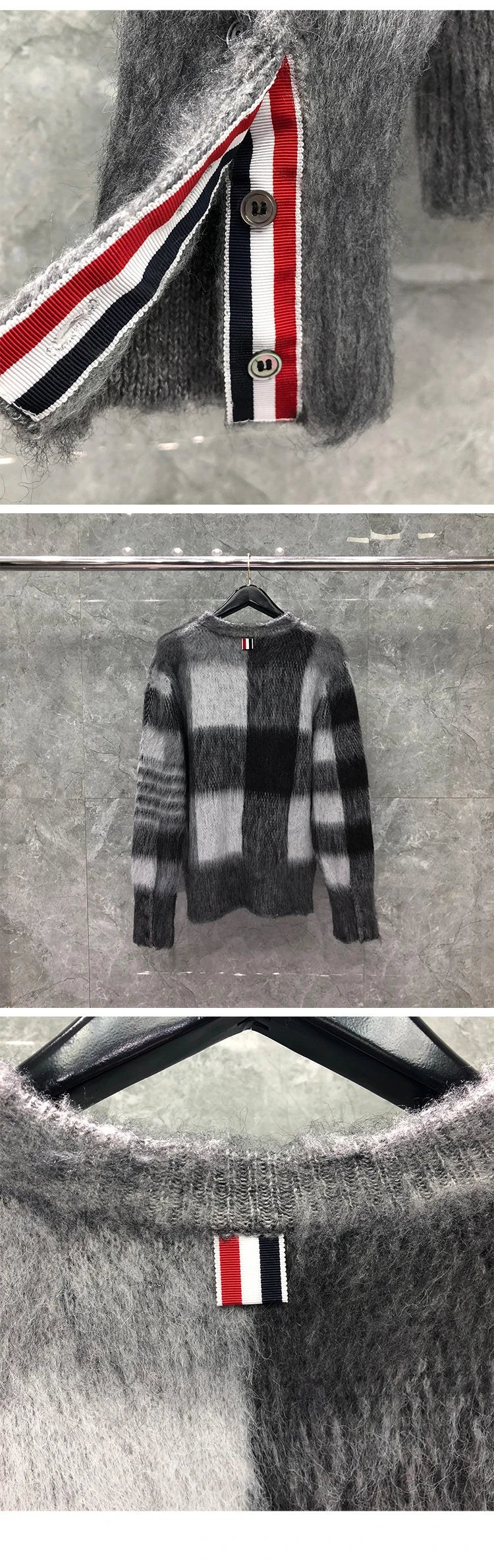 Plaid sweater with a brand label on a textured background