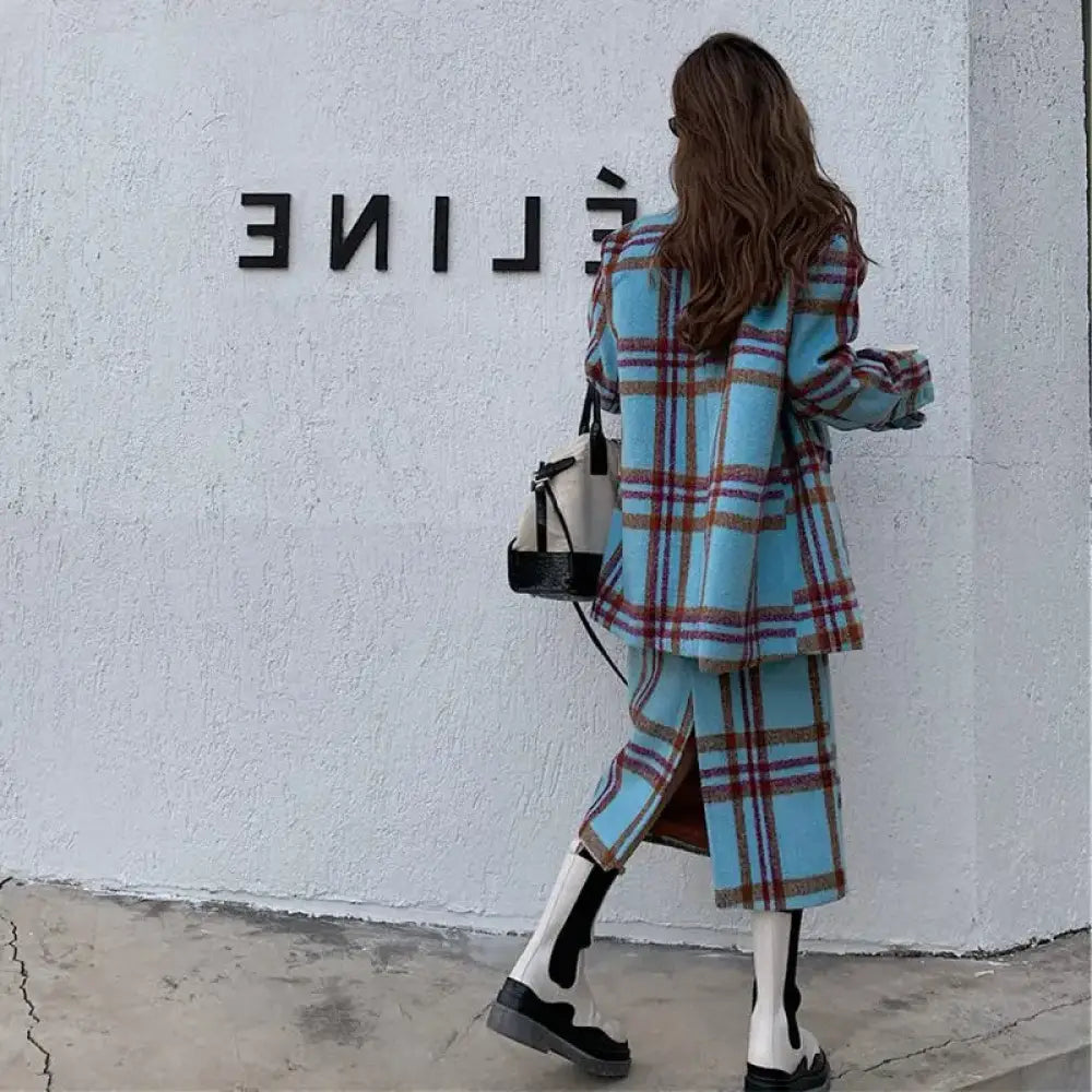 Women’s Plaid Wool 2-Piece Suit | Korean Long Coat & Shirt Set | same ANTHEM.