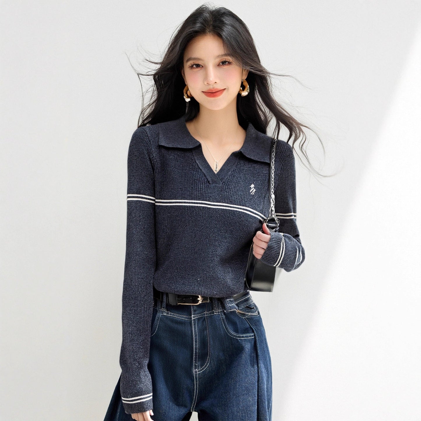 Women’s Polo Neck Striped Knit Sweater | same ANTHEM.