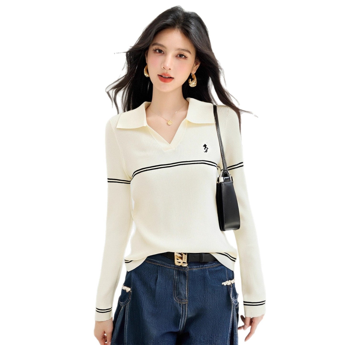 Women’s Polo Neck Striped Knit Sweater | same ANTHEM.