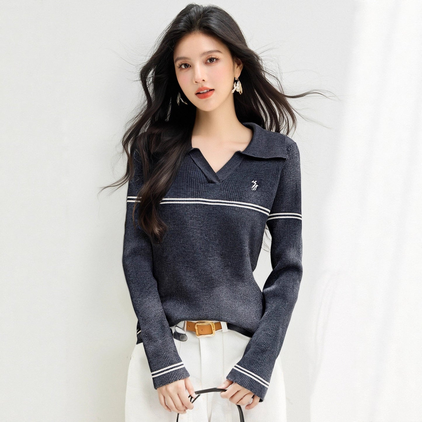 Women’s Polo Neck Striped Knit Sweater | same ANTHEM. - Gray / S