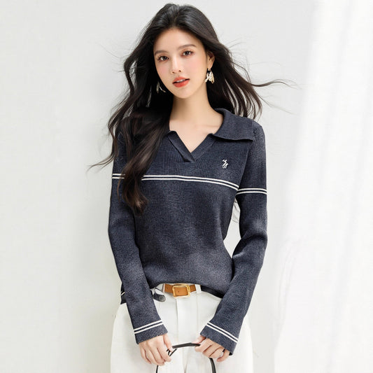 Women’s Polo Neck Striped Knit Sweater | same ANTHEM. - Gray / S