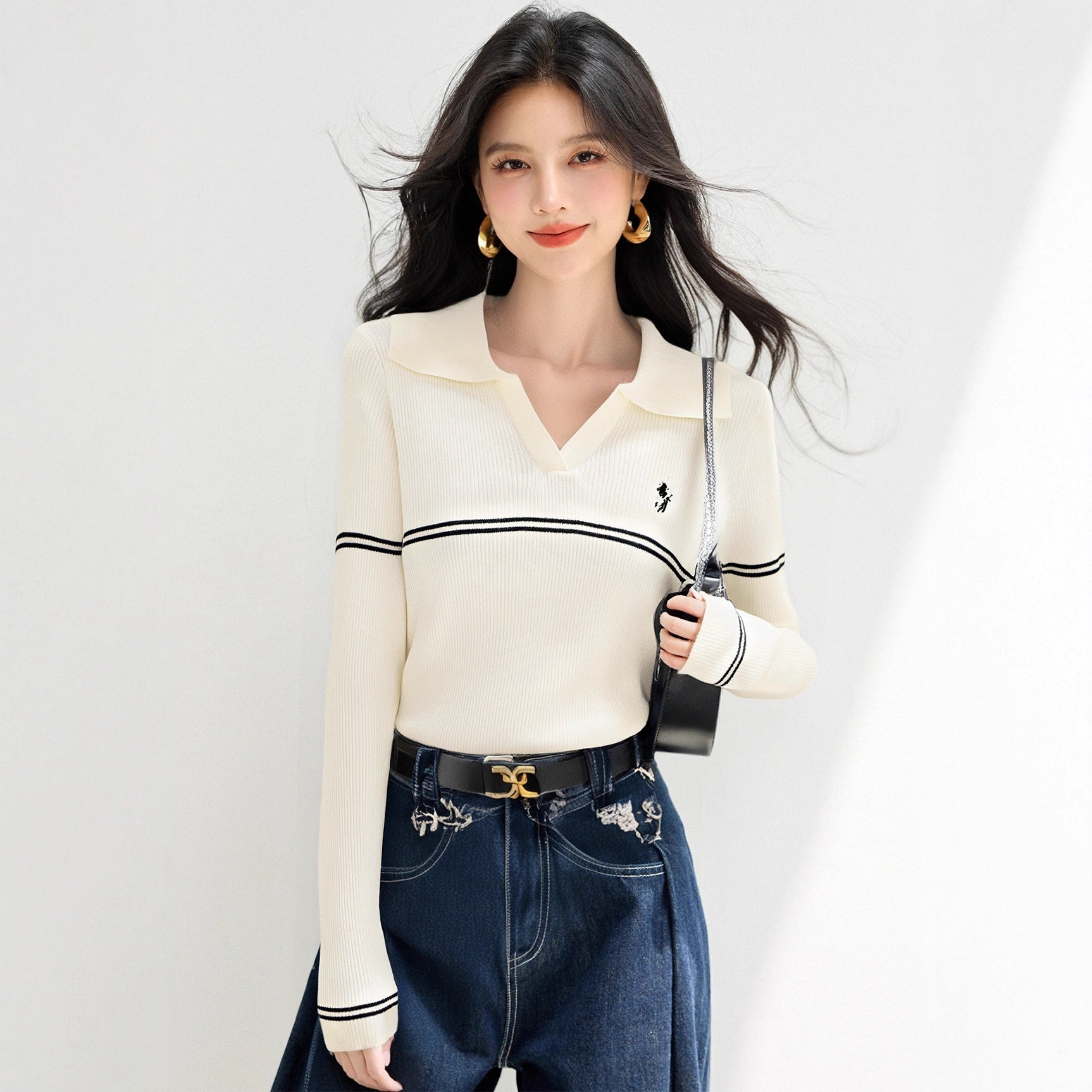 Women’s Polo Neck Striped Knit Sweater | same ANTHEM. - Off-white / S