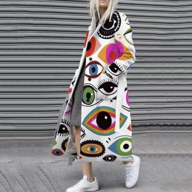 Women’s Printed Dragon And Phoenix Woolen Coat - Eyes / 4XL - Bag