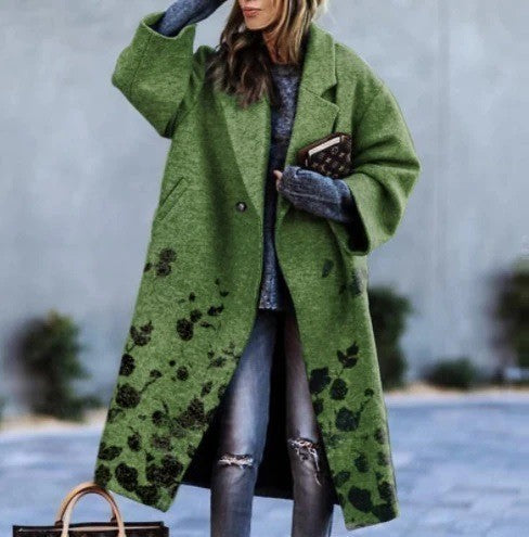 Women’s Printed Dragon And Phoenix Woolen Coat - Green Black Flower / 4XL - Bag