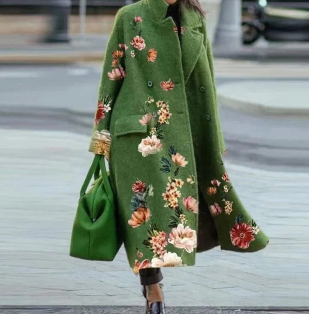 Women’s Printed Dragon And Phoenix Woolen Coat - Green Full Flower / 4XL - Bag