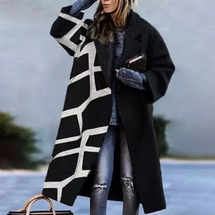 Women’s Printed Dragon And Phoenix Woolen Coat - Line Grid Stitching / 4XL - Bag