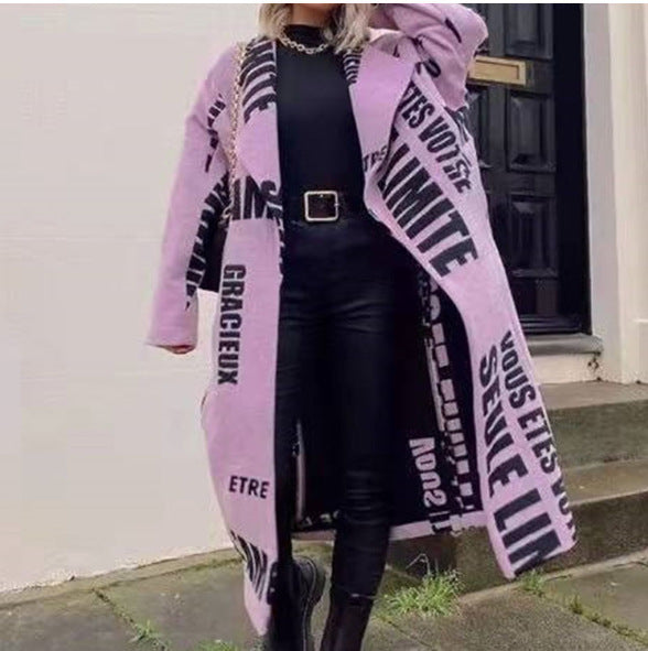 Women’s Printed Dragon And Phoenix Woolen Coat - Purple Letters / 4XL - Bag