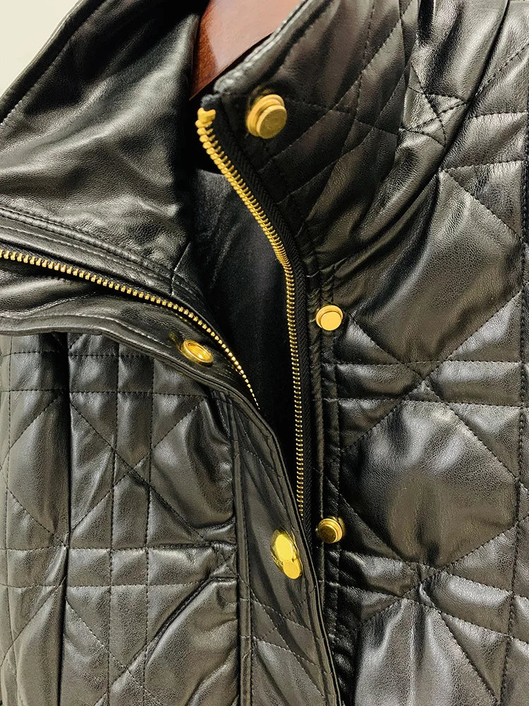 Women’s Slim Grid PU Leather Jacket | High Waist Office Coat | same ANTHEM.