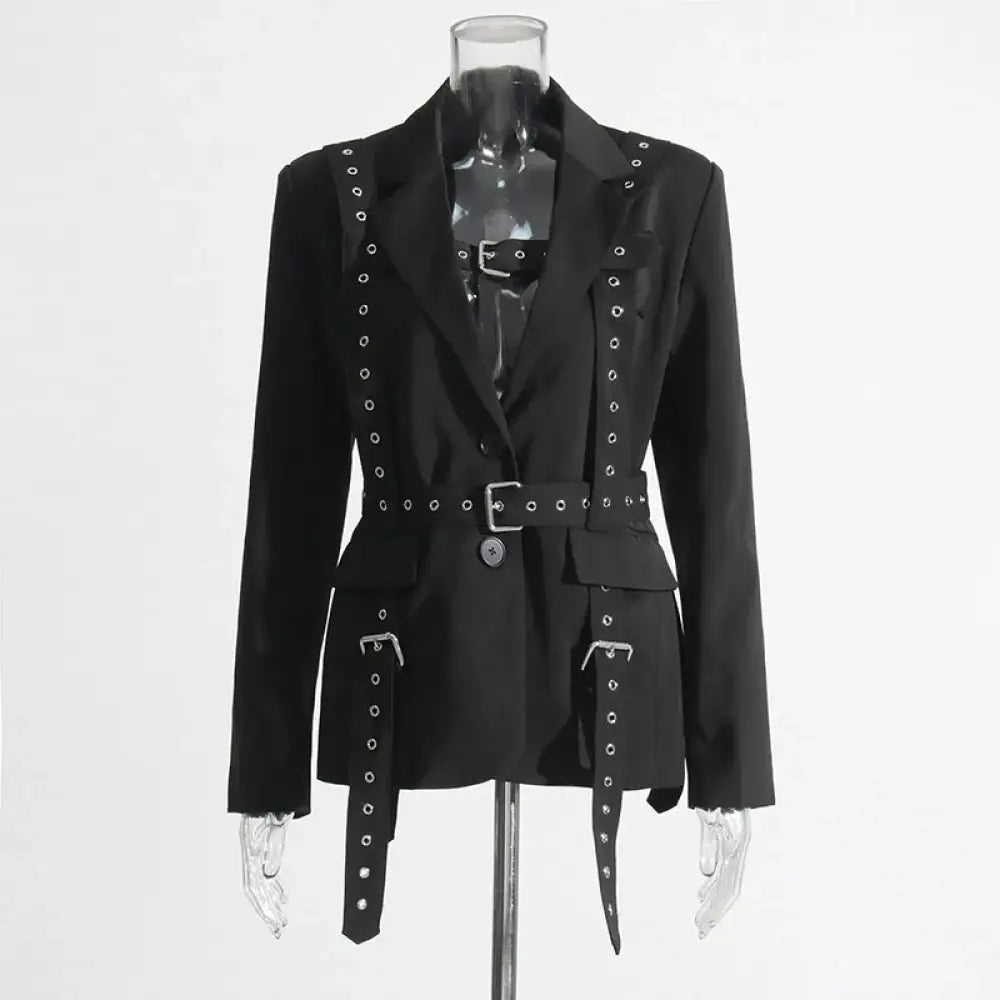 Black jacket with silver embellishments on a mannequin against a white background
