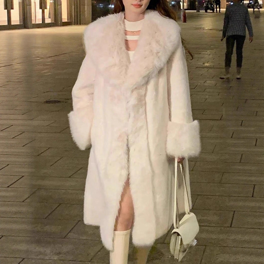 Women’s Thick Faux Rabbit Fur Mid-Length Leather Coat | same ANTHEM. - White / L - Jacket