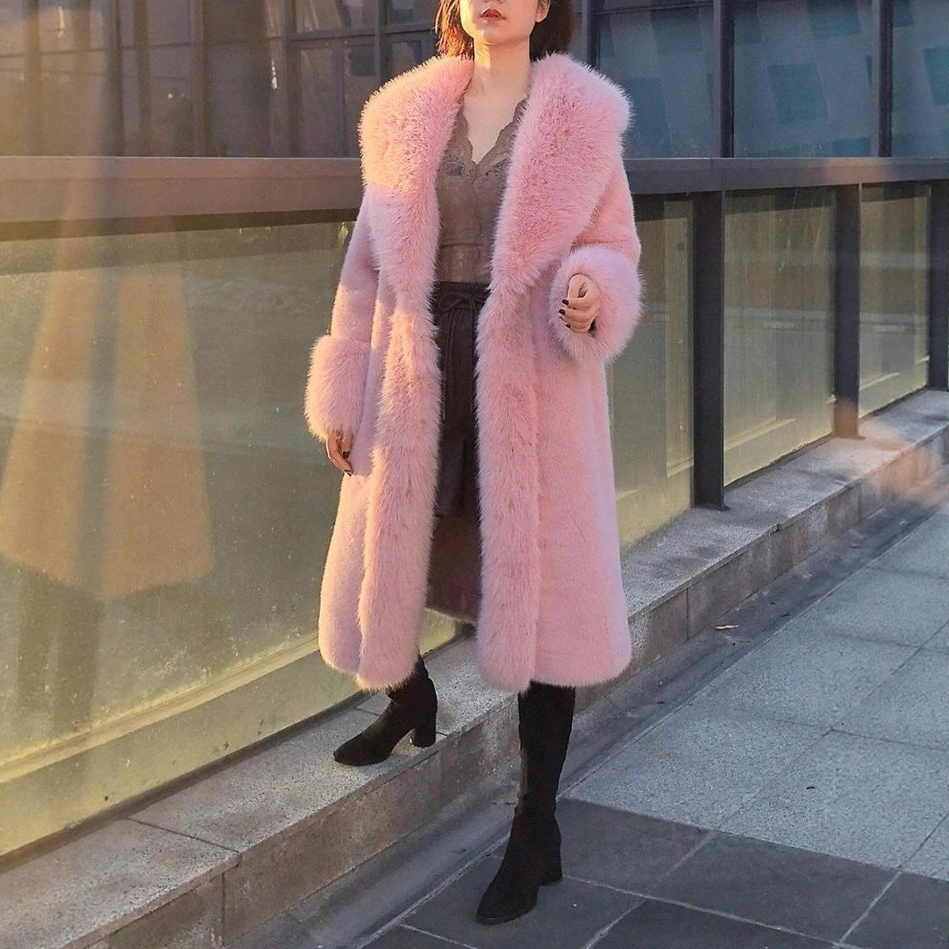 Women’s Thick Faux Rabbit Fur Mid-Length Leather Coat | same ANTHEM. - Pink / L - Jacket