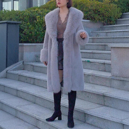 Women’s Thick Faux Rabbit Fur Mid-Length Leather Coat | same ANTHEM. - Jacket