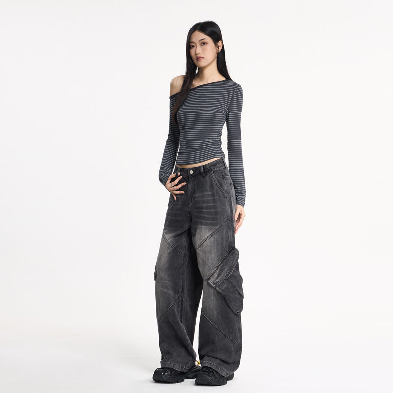 Women’s Water-Washed Flare Cargo Denim Pants – Baggy Streetwear Trousers | same ANTHEM Fashion - Black and Gray / XS
