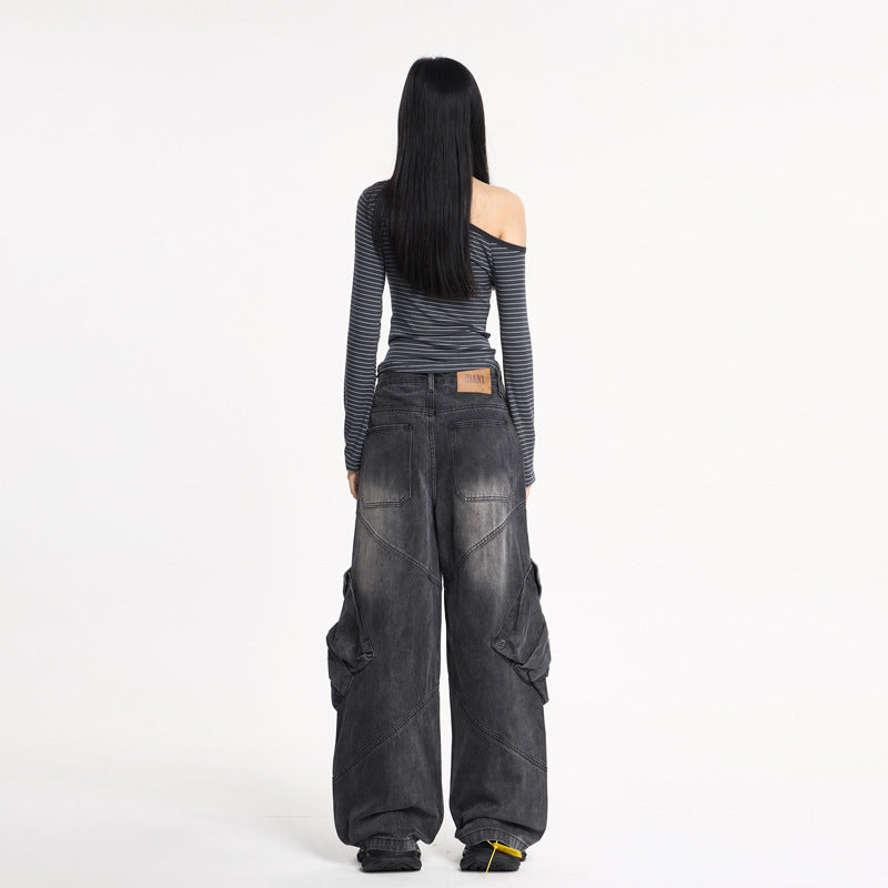 Women’s Water-Washed Flare Cargo Denim Pants – Baggy Streetwear Trousers | same ANTHEM Fashion
