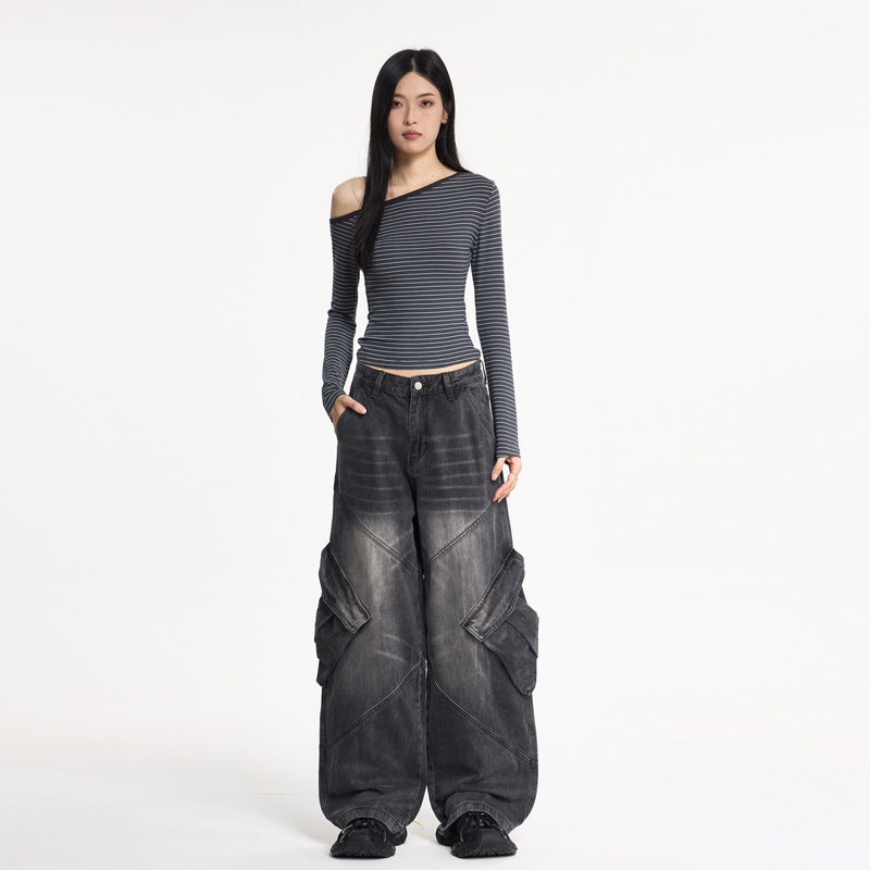 Women’s Water-Washed Flare Cargo Denim Pants – Baggy Streetwear Trousers | same ANTHEM Fashion