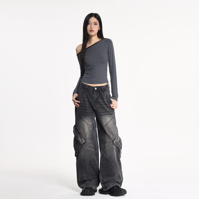 Women’s Water-Washed Flare Cargo Denim Pants – Baggy Streetwear Trousers | same ANTHEM Fashion