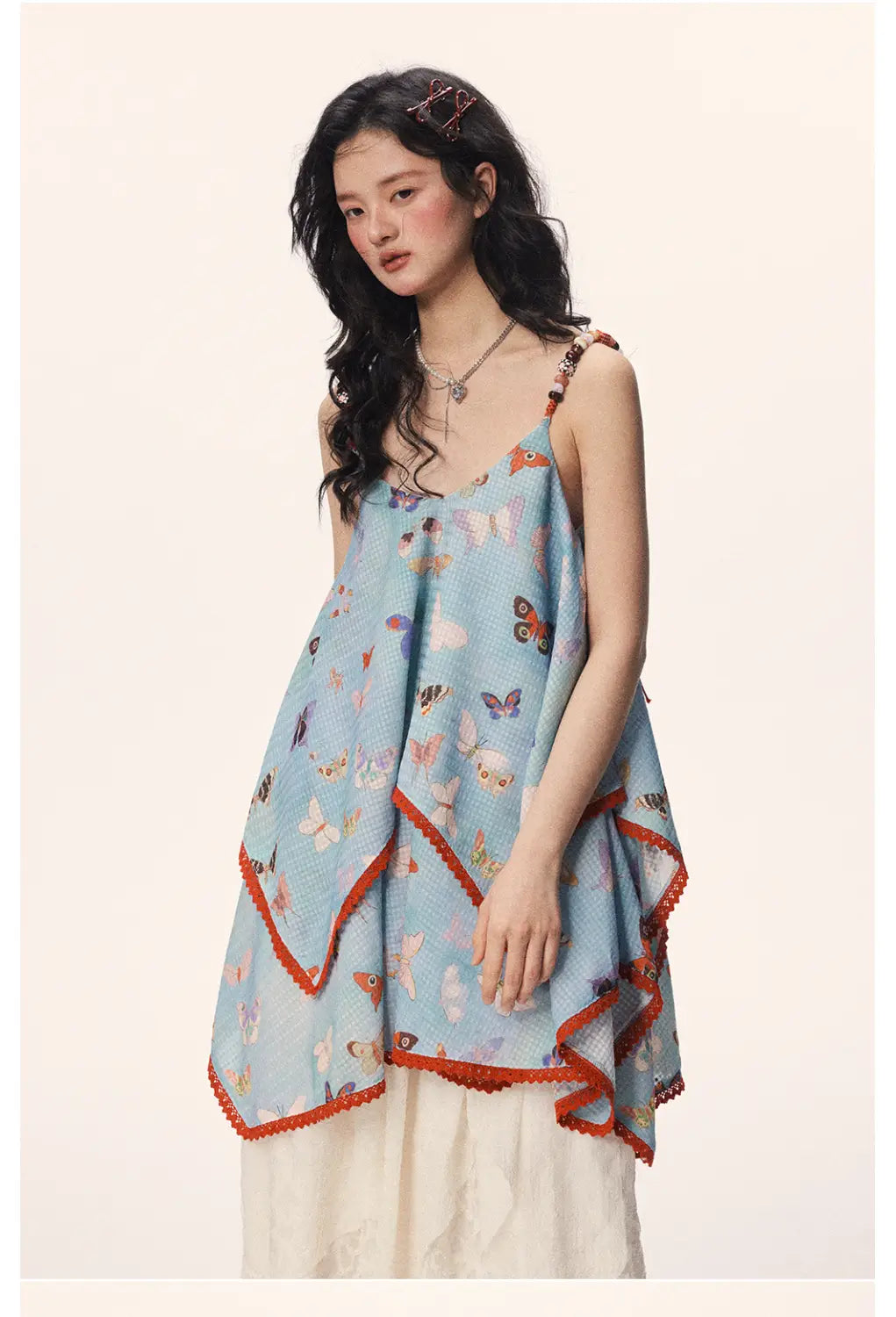 Butterfly Beaded Cute Girly Style Sling Short Dress