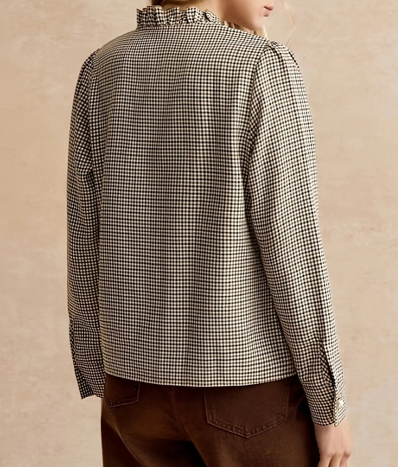 Houndstooth Ruffled Small Stand-up Collar Side-button-front Shirt