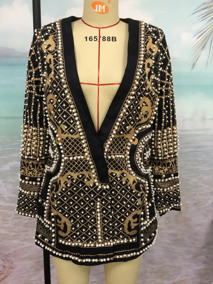 V-neck Long-sleeved Suit Blouse With Bubble Print Women’s Clothing