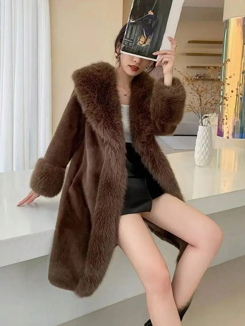 Women’s Thick Faux Rabbit Fur Mid-Length Leather Coat | same ANTHEM.