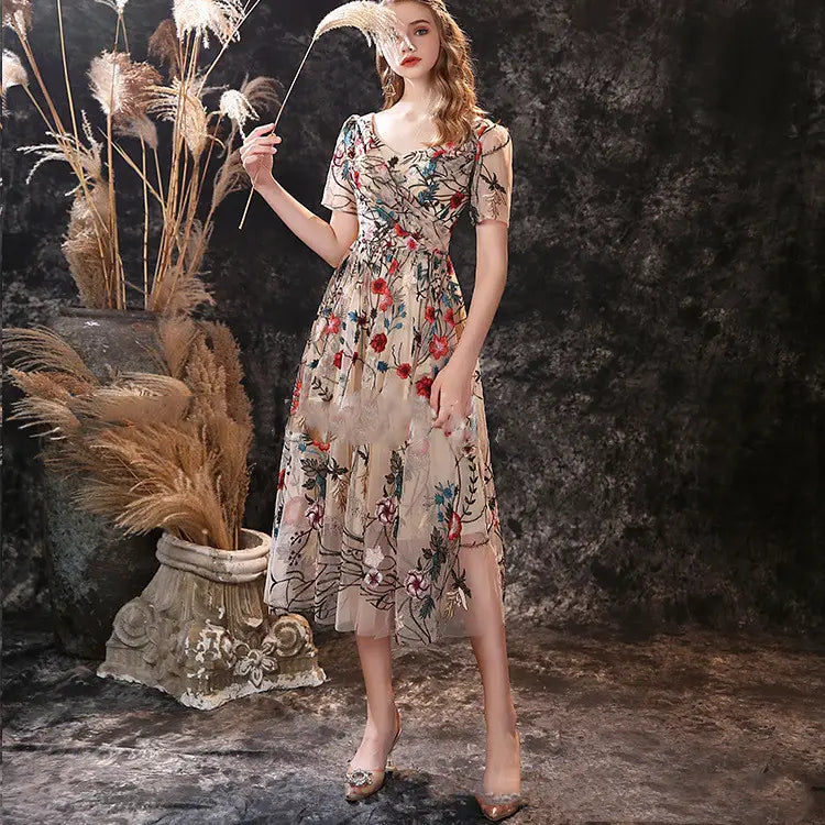 Women’s Embroidered Lace Short Sleeve Mid Length Dress