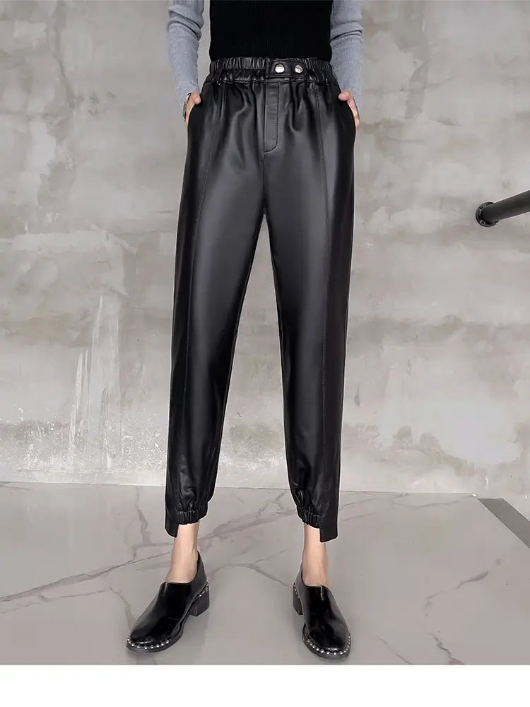 Women’s Temperament Leggings Leather Harem Pants Elastic Waist