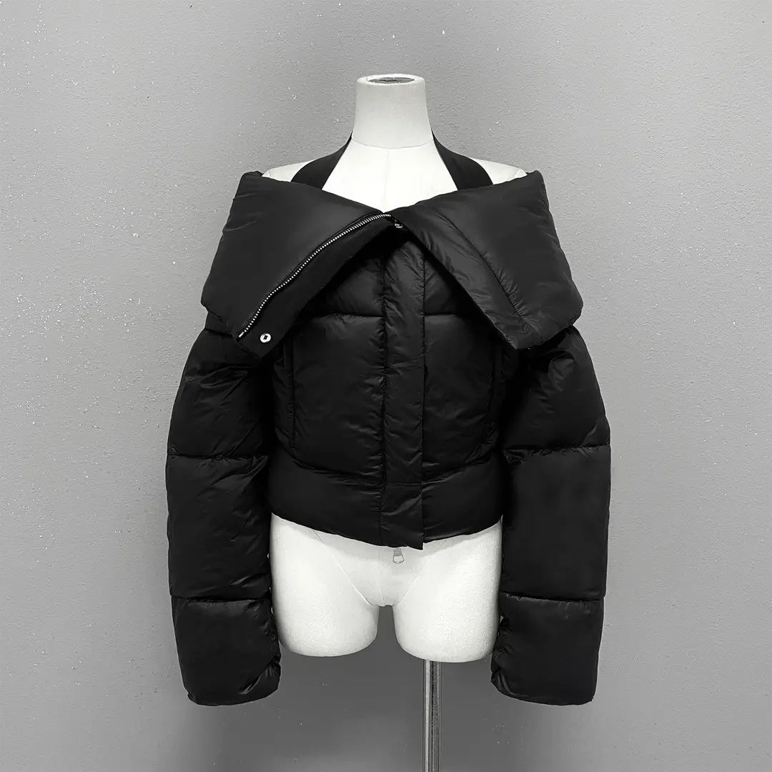 Black Female Lapel Short Down Cotton Coat