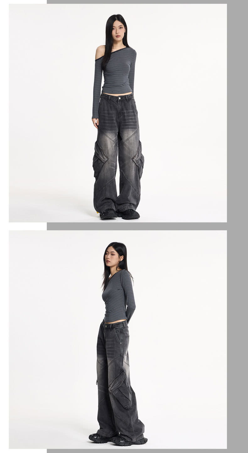 Women’s Water-Washed Flare Cargo Denim Pants – Baggy Streetwear Trousers | same ANTHEM Fashion