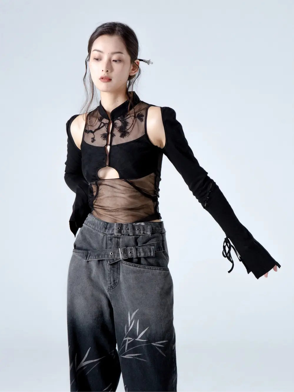 Embroidered Black Gauze Top | same ANTHEM.