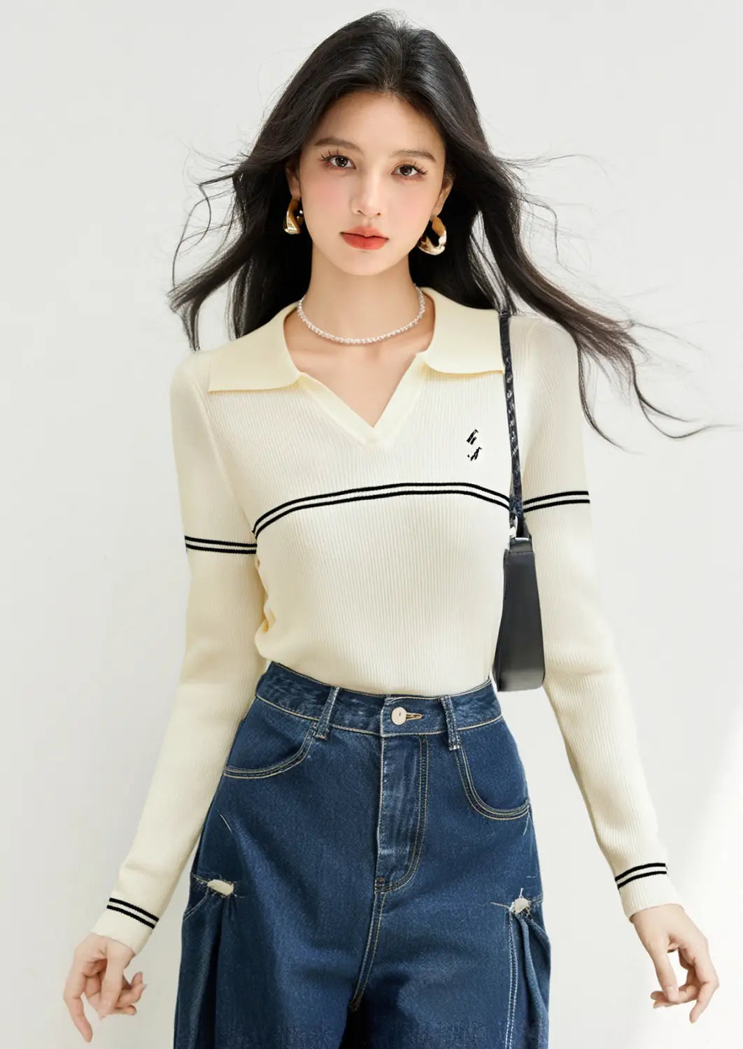 Women’s Polo Neck Striped Knit Sweater | same ANTHEM.