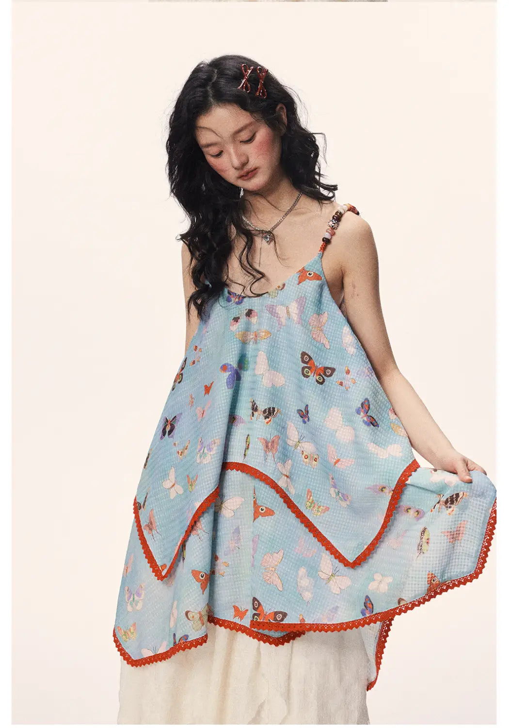 Butterfly Beaded Cute Girly Style Sling Short Dress