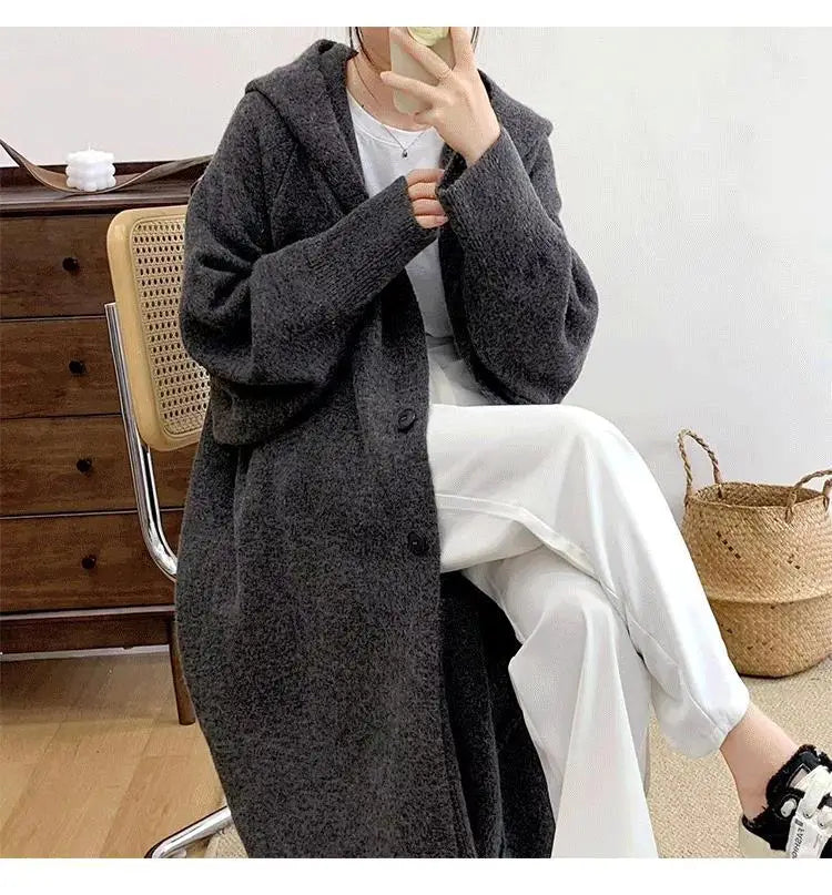 Korean Style Idle Style Hooded Long Below The Knee Knitted Cardigan For Women