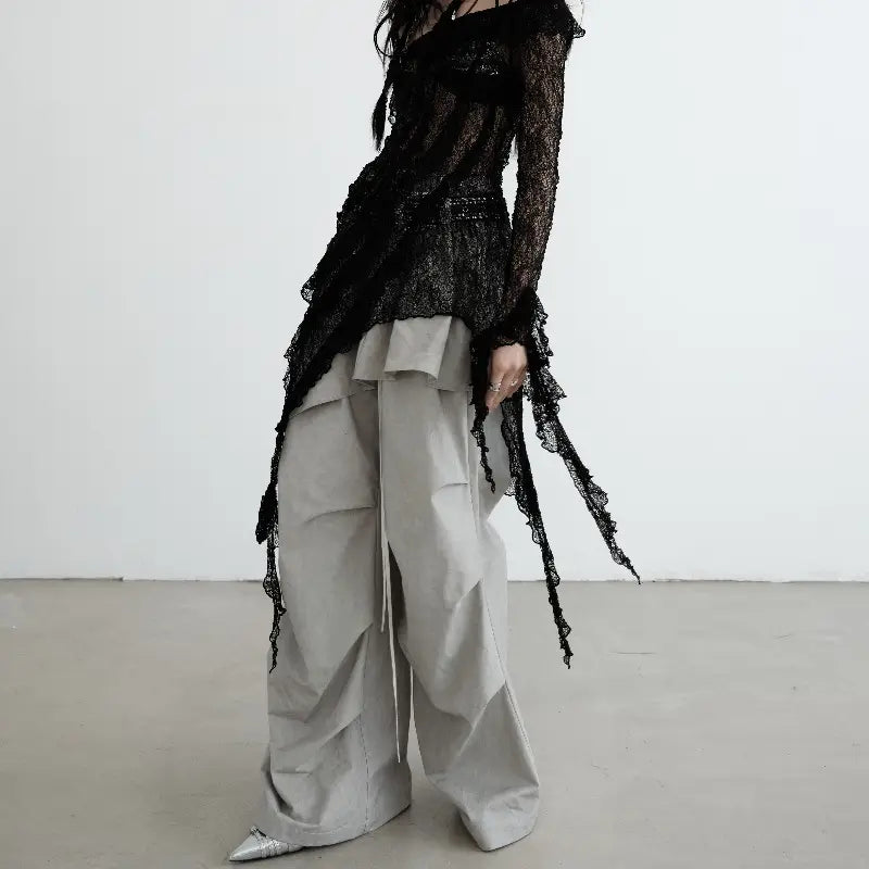 Washed Dirty Dyed Cotton Two-piece Removable Flounced Skirt Swing Casual Pants